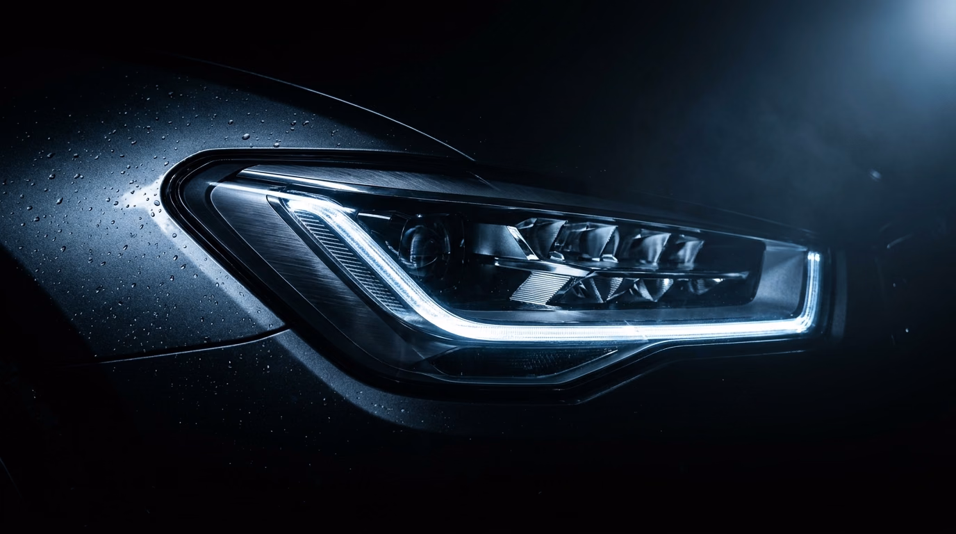 Cold white light across the headlight of a dark BMW